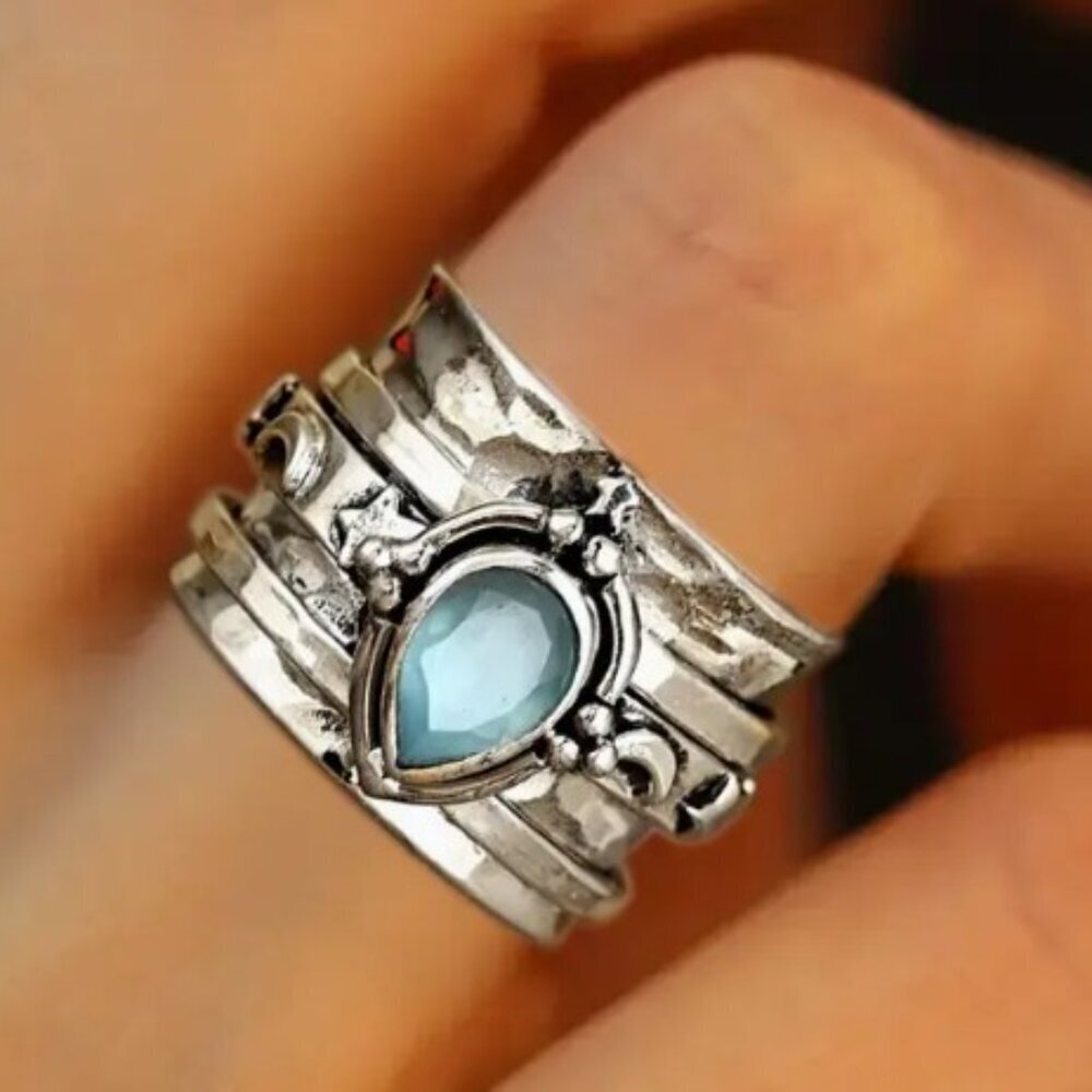 Bohemian Wide Face Silver Plated Copper Ring Blue Synthetic Zirconia Size 8 - Picture 4 of 5